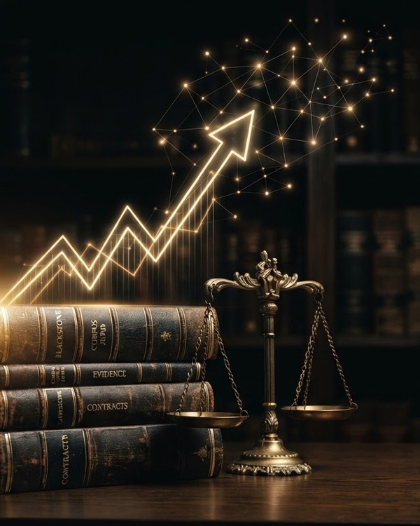 Marketing digital para despachos de abogados: libros de derecho, balanza de la justicia y crecimiento digital en tonos negros y dorados