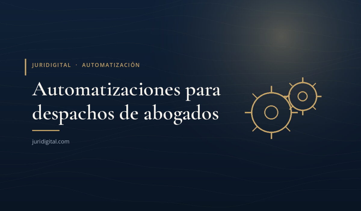 Engranajes dorados sobre fondo azul marino, imagen de Juridigital sobre automatización de despachos
